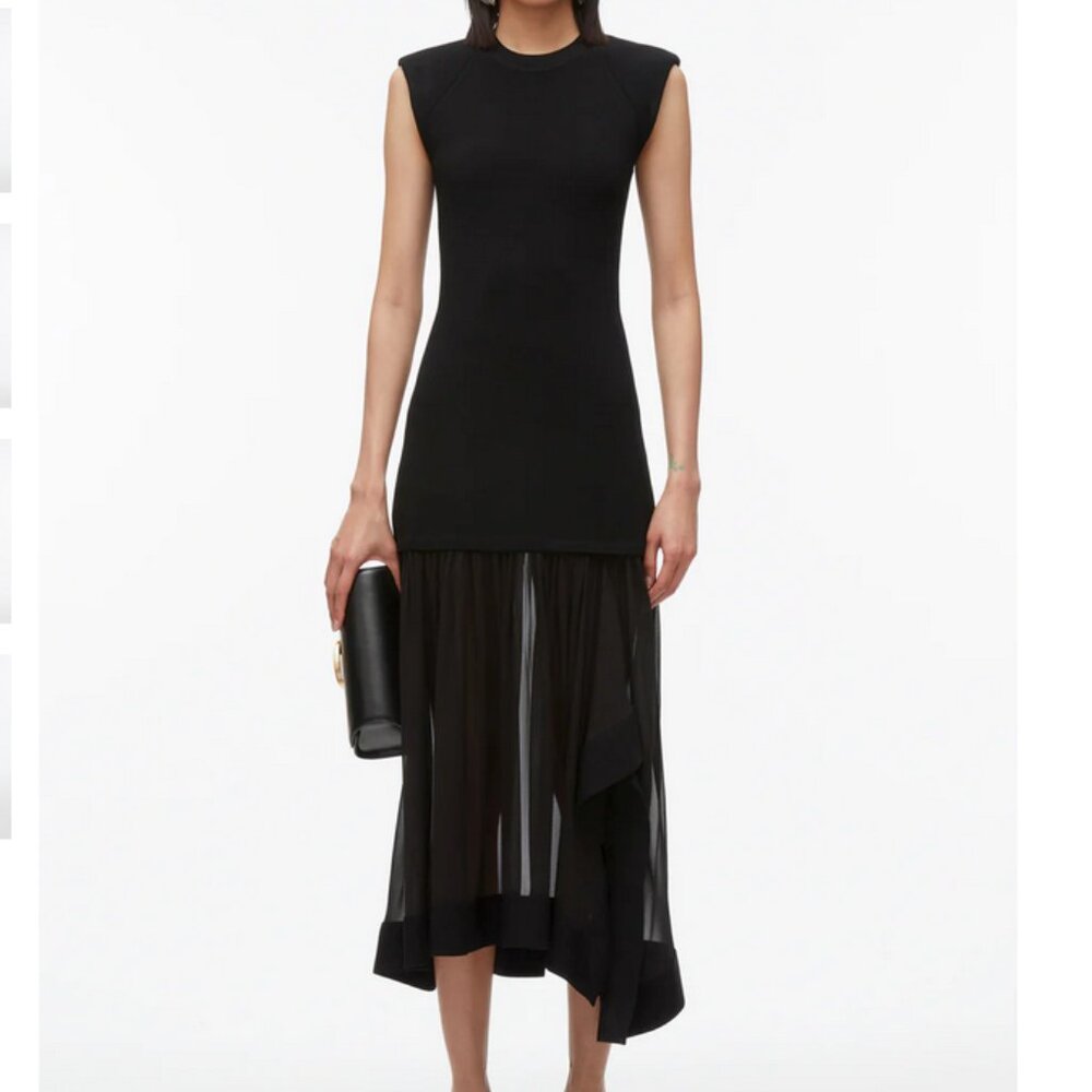 3.1 Phillip Lim Black Compact Rib Dress with Chiffon Skirt Size Small